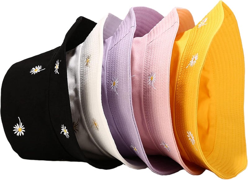 EYBF Flower Reversible Bucket Hat Cotton Summer Travel Beach Sun Hats Emboridery for Women Men - Image 3